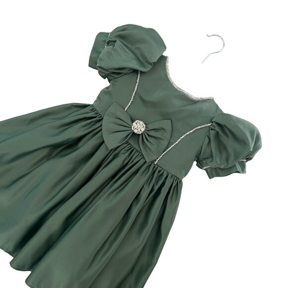 Girls Holiday Dress Green Puff Sleeve with Bow Sz. 4 Birthday Pageant Formal - Picture 4 of 13